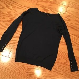 Teal Theory Sweater with Buttons on the Sleeve.
